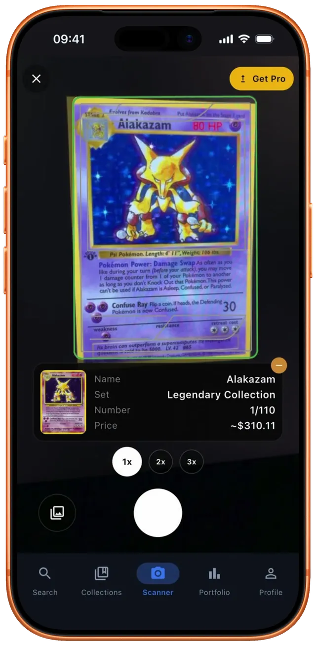 ValueMon scanner showing the price of an Alakazam card